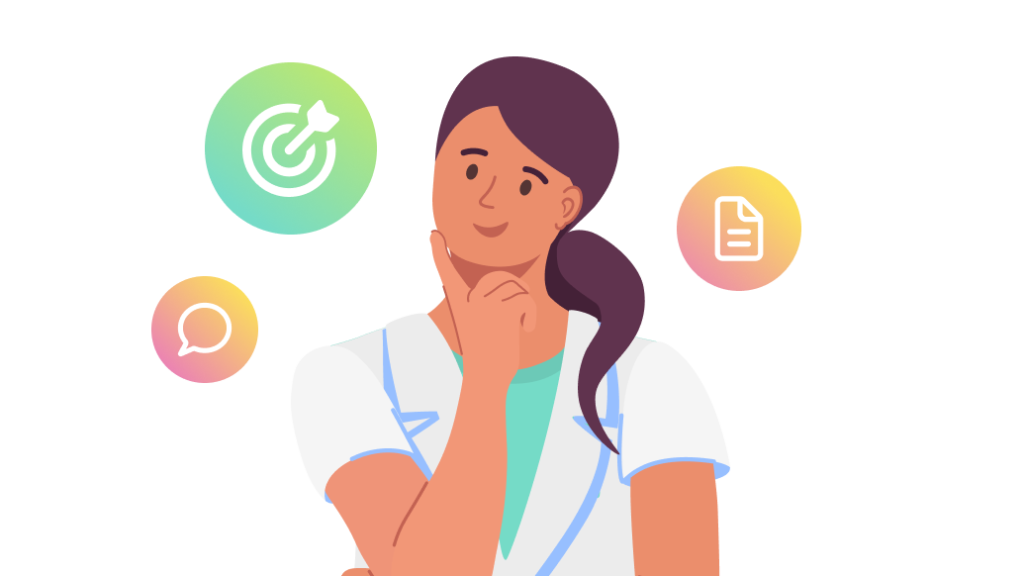 Illustratie van een vrouw met witte jas die vragend kijkt. Daarnaast iconen van een target, praatwolkje en document.