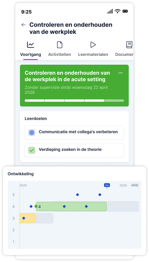 Screenshot van de epa "Controleren en onderhouden van de werkplek in de acute setting" met leerdoelen "Communicatie met collega's verbeteren" en "Verdieping zoeken in de theorie" en de Reconcept voortgangsbalk