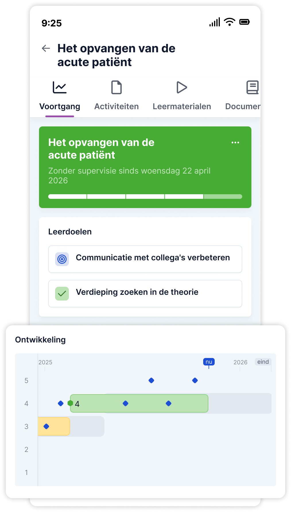 Een screenshot waar de skill detail van de epa 'Het opvangen van de acute patiënt' te zien is met leerdoelen en voortgangsbalk.