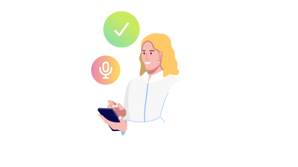 Illustratie van een vrouwelijke arts met een telefoon in haar hand. Daarnaast een icoon van een checkmark en een icoon van een microfoon.