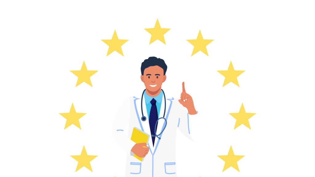 Illustration showing a male doctor surrounded by the stars of the European flag.